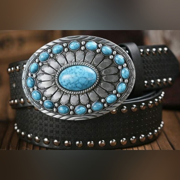 Turquoise Blue Color Accented Western Belt Buckle Silver or gold main image 8